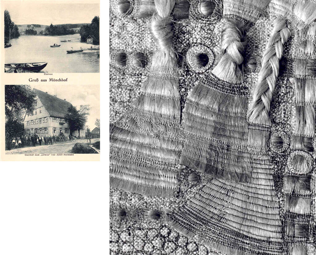 links: eine historische aufnahme des mönchhofs
rechts: plastische verwendung von pferdehaar und sisal. ausschnitt einer fotografie im schriftarchiv LoHos, In Privatbesitz