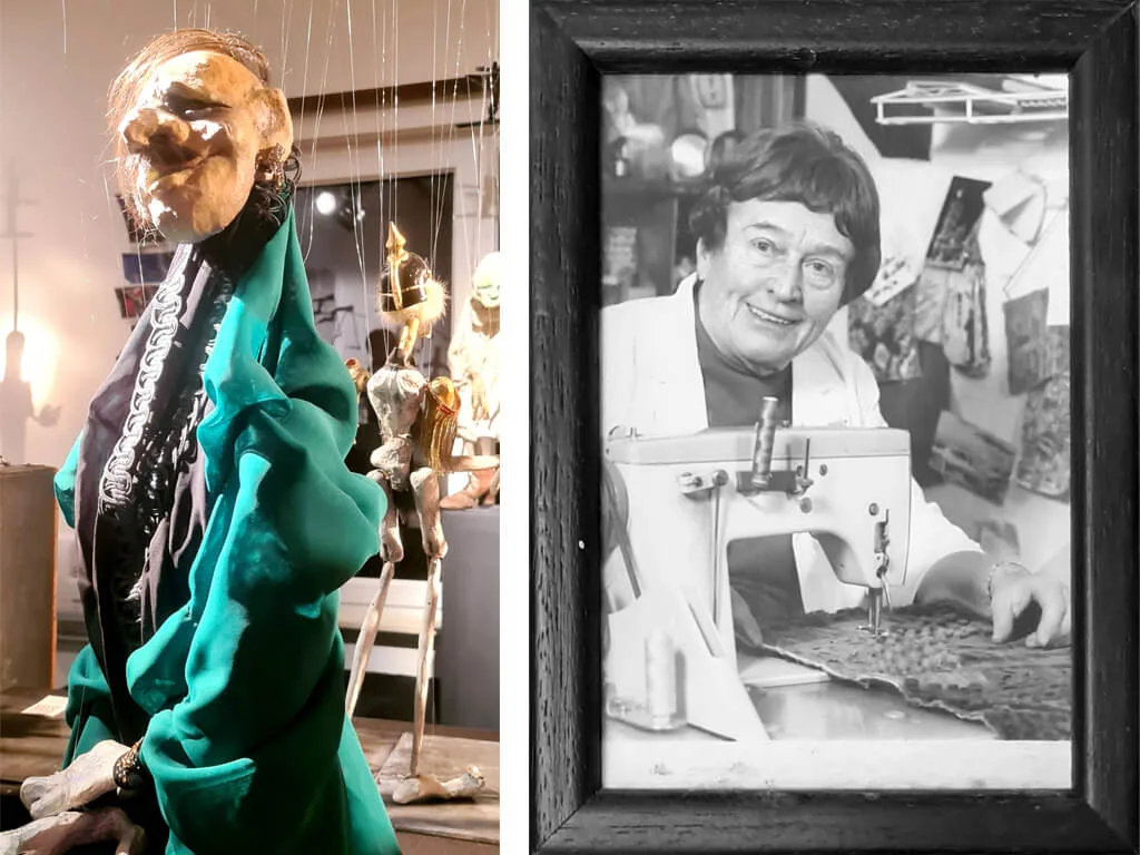 links: die borte aus lotte hofmanns nachlass dekoriert als halsschmuck an einer frank-soehnle-figurenpuppe rechts: foto lotte hofmanns heute im atelier frank soehnle in tübingen.